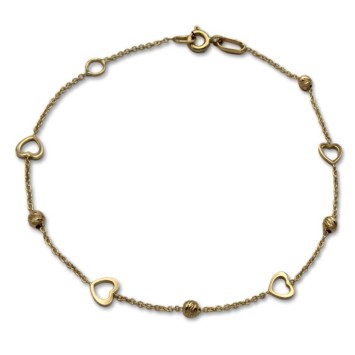 Pulsera de oro con corazones calados y bolas talladas