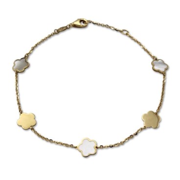 Pulsera de oro con flores con nácar y flores lisas con brillo