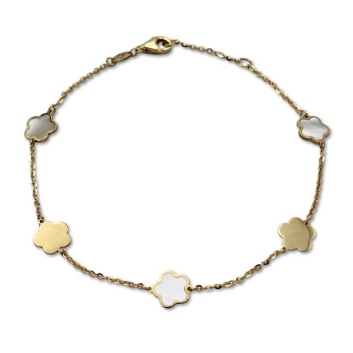 Pulsera de oro con flores con nácar y flores lisas con brillo