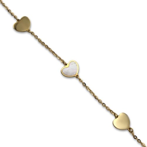 Pulsera de oro con corazones con nácar y lisos con brillo