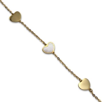 Pulsera de oro con corazones con nácar y lisos con brillo