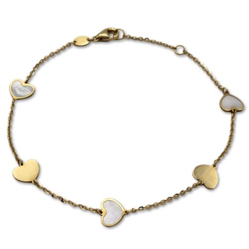 Pulsera de oro con corazones con nácar y lisos con brillo