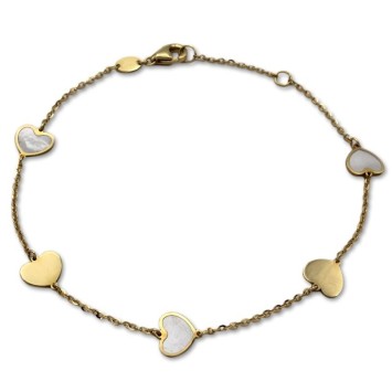 Pulsera de oro con corazones con nácar y lisos con brillo