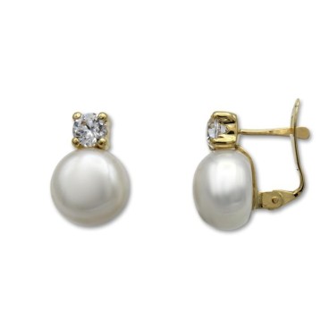 Pendientes de oro solista perla cultivada botón con circonita garras