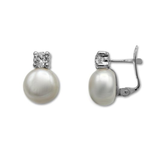 Pendientes de oro blanco solista perla cultivada botón con circonita garras