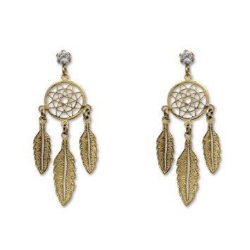 Pendiente de oro atrapasueños con tres plumas y circonita