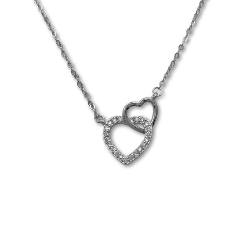 Gargantilla en plata con dos corazones con acabado en rodio