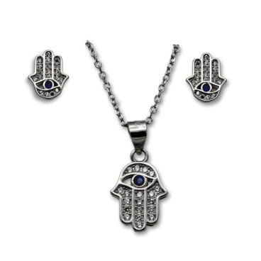 Conjunto mano de fátima en plata y circonitas