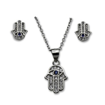 Conjunto mano de fátima en plata y circonitas