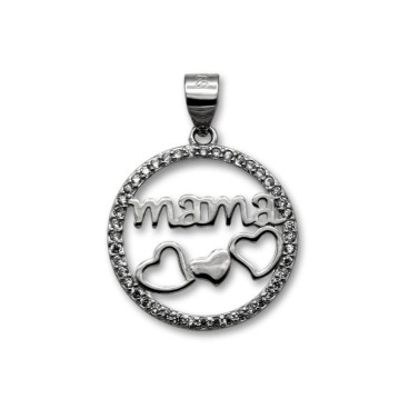 Colgante de plata redondo Mamá con corazon y circonitas