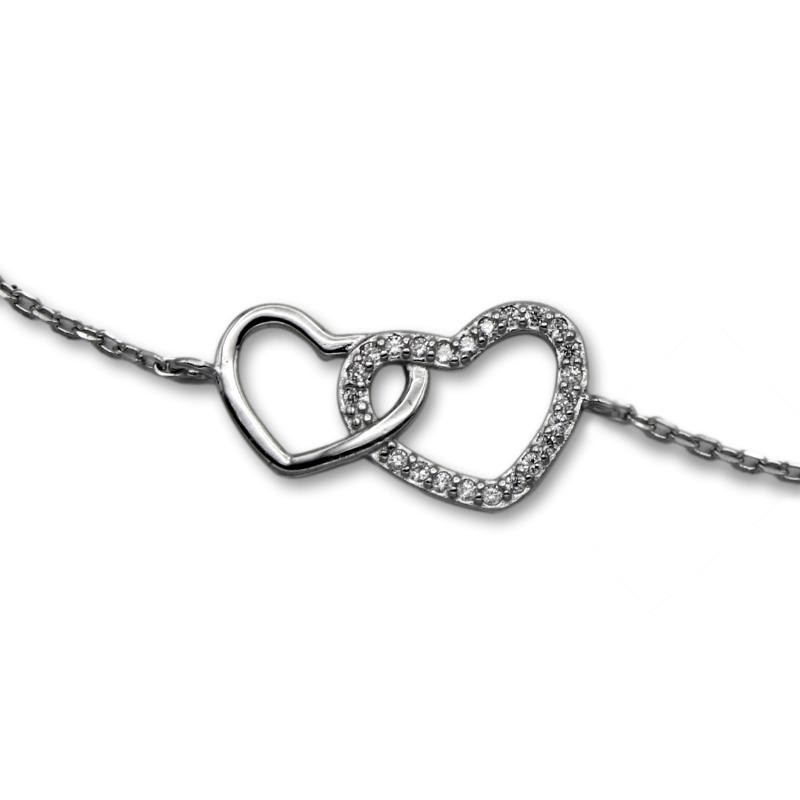 Pulsera en plata con dos corazones con acabado en rodio
