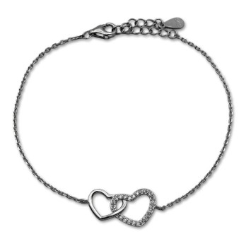 Pulsera en plata con dos corazones con acabado en rodio