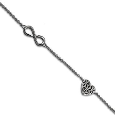 Pulsera de plata con corazón con flores e infinito