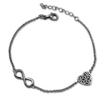 Pulsera de plata con corazón con flores e infinito
