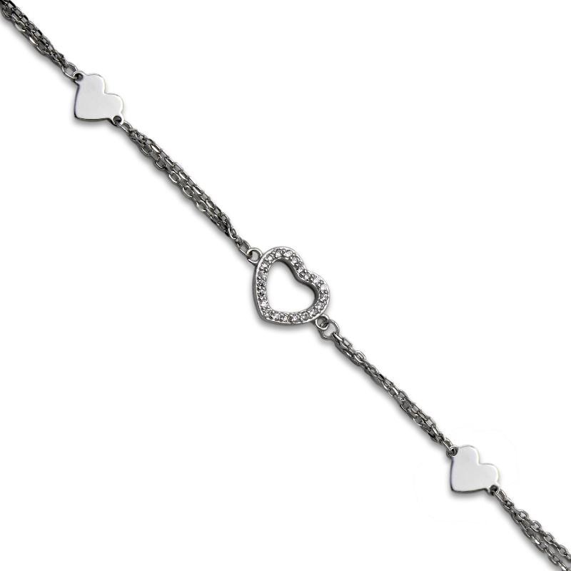 Pulsera en plata con tres corazones con acabado en rodio