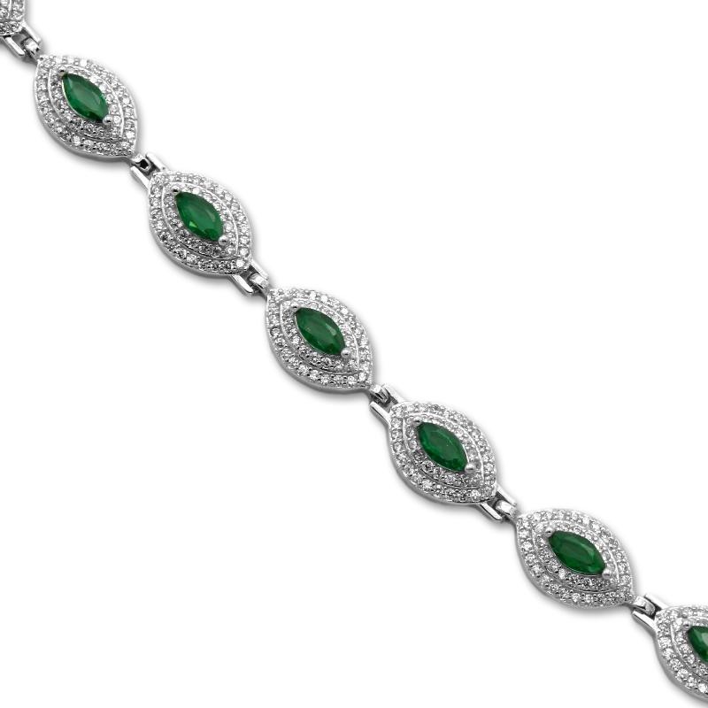 Pulsera de plata con forma de marquesa y piedra central verde y circonitas