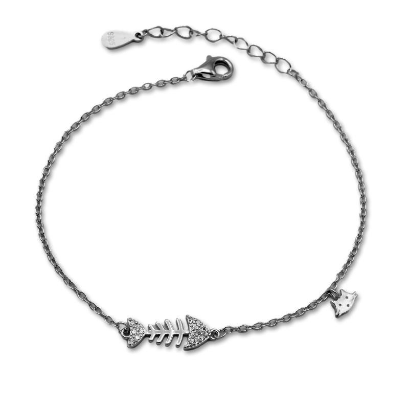 Pulsera de plata con raspa de pescado y cara de gato
