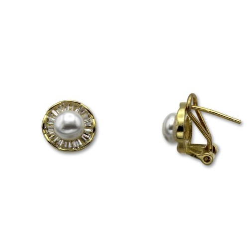 Pendiente de plata chapado en oro con perla rodeada de circonitas baguette