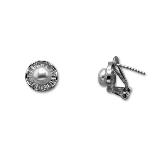 Pendiente de plata con perla rodeada de circonitas baguette