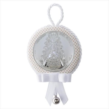 Medalla de cuna de la virgen del Rocío blanca redonda