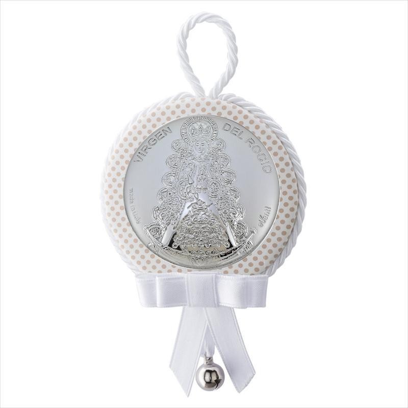 Medalla de cuna de la virgen del Rocío blanca redonda