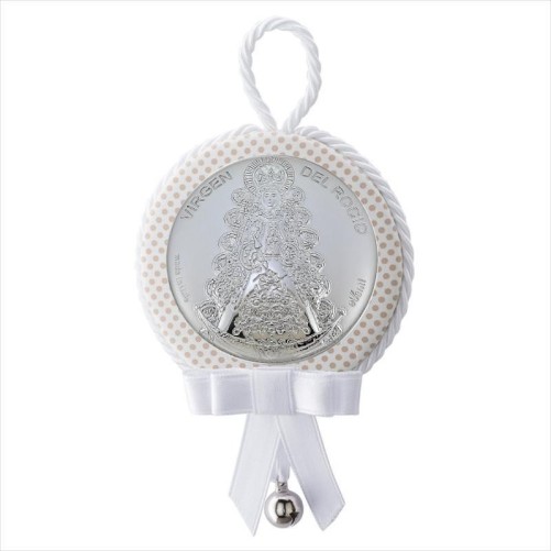 Medalla de cuna de la virgen del Rocío blanca redonda