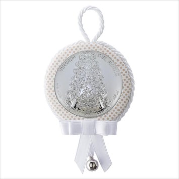 Medalla de cuna de la virgen del Rocío blanca redonda