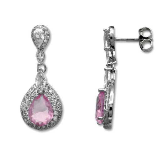 Pendiente de plata largo con forma de pera y piedra color rosa