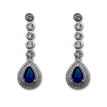 Pendiente de plata largo de cinco cuajos y lagrima con piedra color azul