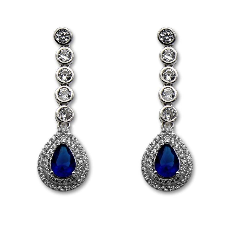 Pendiente de plata largo de cinco cuajos y lagrima con piedra color azul