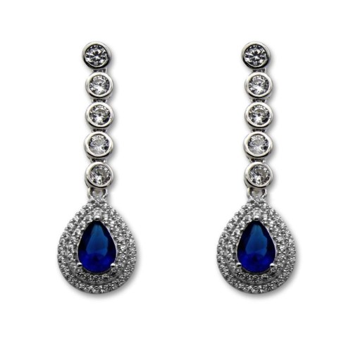 Pendiente de plata largo de cinco cuajos y lagrima con piedra color azul