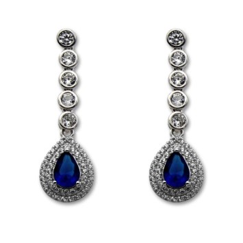 Pendiente de plata largo de cinco cuajos y lagrima con piedra color azul