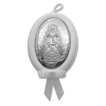 Medalla de cuna musical de la virgen del Rocío blanca oval