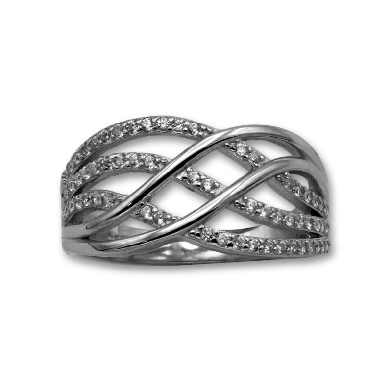 Anillo de plata con circonitas con lineas de olas asimétricas