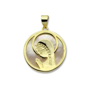 Medalla de plata bañada en oro de virgen niña con nácar