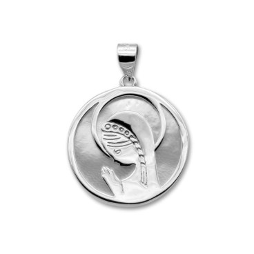 Medalla de plata de virgen niña con nácar