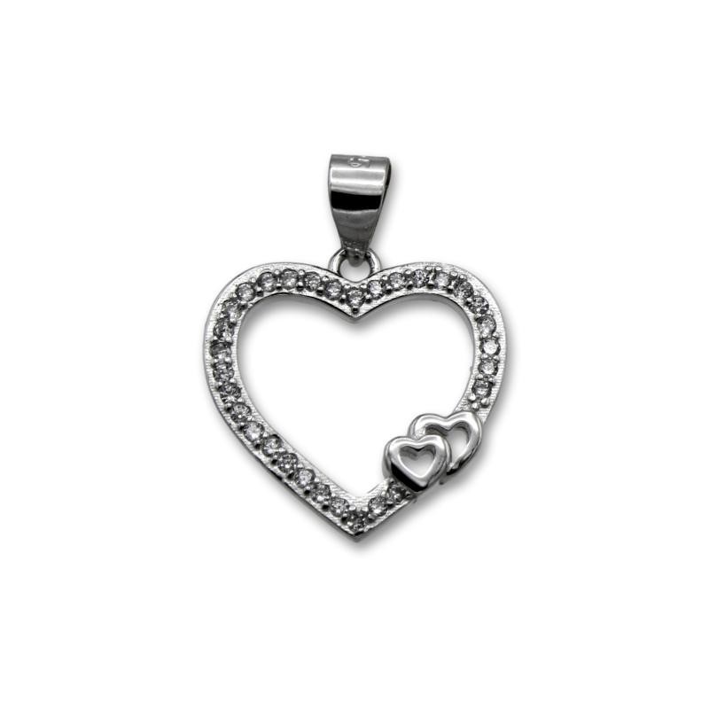 Colgante de plata en forma de corazón con circonitas y dos corazones