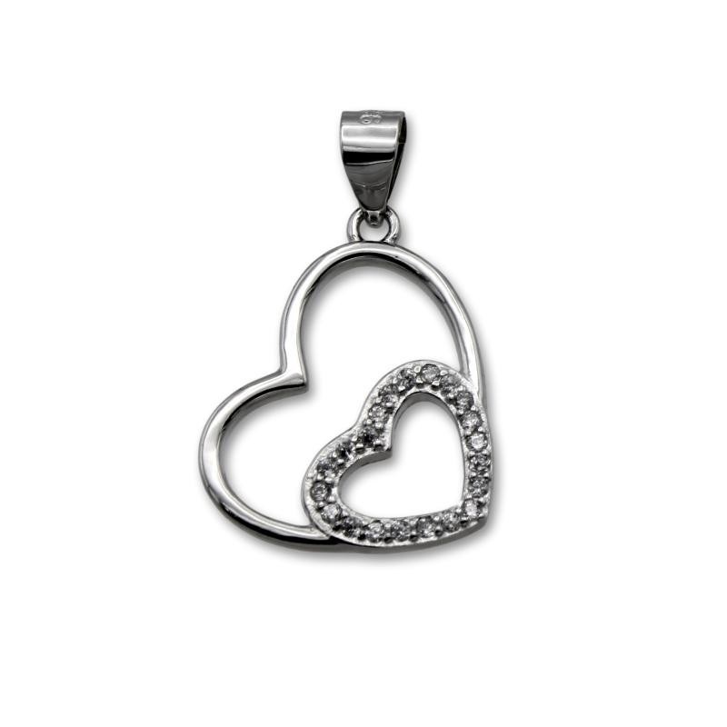 Colgante de plata de siluetas con forma de  dos corazones y circonitas