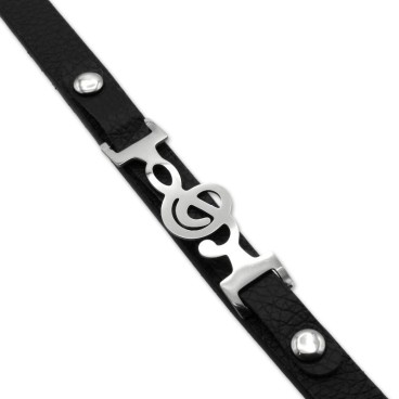 Pulsera de acero con forma de clave de sol y cuero