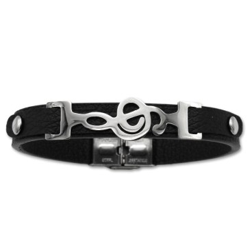 Pulsera de acero con forma de clave de sol y cuero