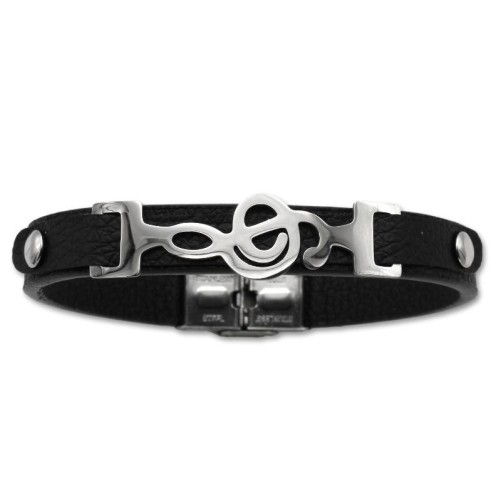 Pulsera de acero con forma de clave de sol y cuero