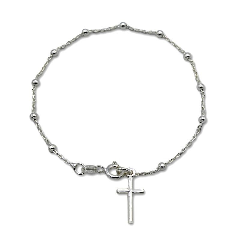 Pulsera de plata de rosario con cruz lisa