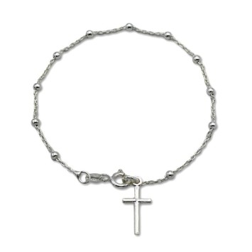 Pulsera de plata de rosario con cruz lisa