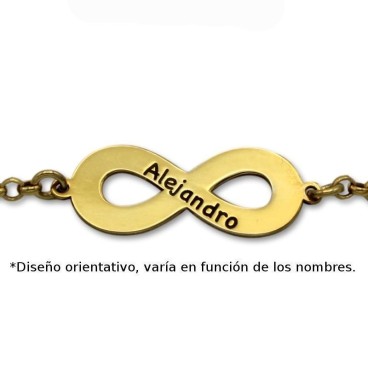 Pulsera de plata chapada en oro infinito ancho nombres grabados