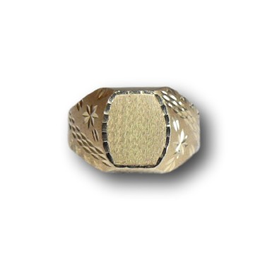 Sello de oro amarillo 18k oval unisex con tallas el la parte lateral.