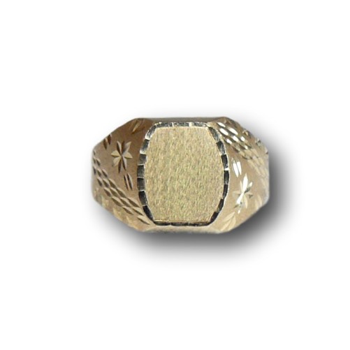 Sello de oro amarillo 18k oval unisex con tallas el la parte lateral.