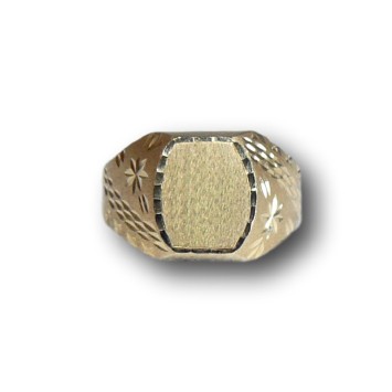 Sello de oro amarillo 18k oval unisex con tallas el la parte lateral.