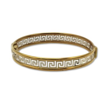 Pulsera rígida de oro bicolor de 18k con un interior calado con grecas