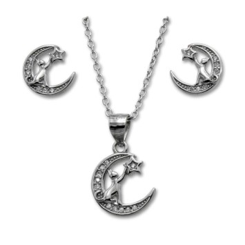 Conjunto en plata de ley Luna y gato, pendiente y colgante con cadena
