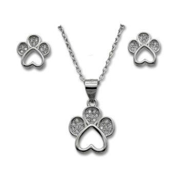 Conjunto en plata de ley huella de perro con pendiente y colgante con cadena